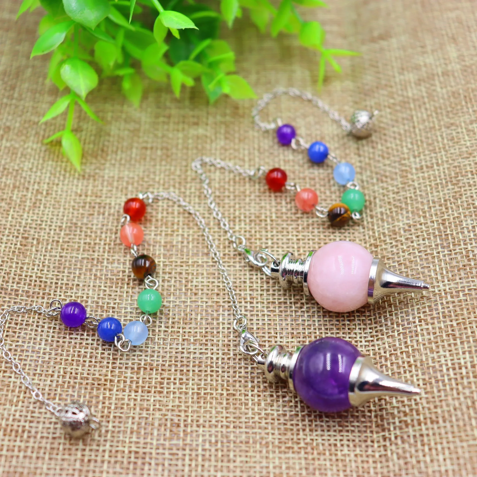 Chakra Reiki Healing Pendulums Charms Natural Stones Amethyst Rose Quartz  Pendant Yoga Energy Stone Decoration