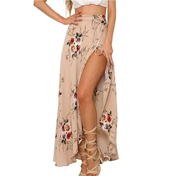 

2020 New Fashion Print Women Skirt Hight Waist High Split Charm Maxi Sexy Skirt Pleated Chiffon Long Casual Boho Women Skirt