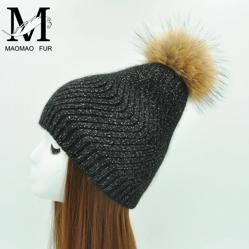 

Winter Women Fur Ball Cap Real Fur Pom Pom Winter Hat Water Ripple Female Wool Knitted Beanies Hat