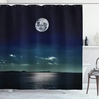 

Ocean Shower Curtain, Full Moon Reflected in The Sea Moon Rays Surface Starry Sky Night Scenic View Print, Cloth Fabric Bathroom