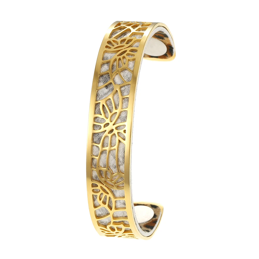 Cremo 14mm Gold Stainless Steel Cuff Leather Bracelets & Bangle For Women Jewelry gift Send leather Bracelet