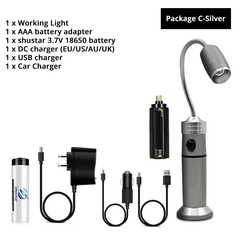 Deformable светодиодный фонарик Рабочая лампа 3 режима освещения поворотный зум водонепроницаемый кемпинг свет с нижним магнитом использовать аккумулятор 18650 - Испускаемый цвет: Silver - Package C