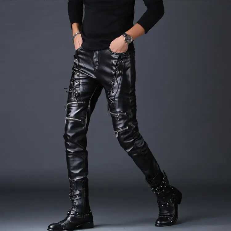 Idopy мужские кожаные брюки черные в стиле панк обтягивающие кружевные вечерние сценические стимпанк Искусственные Брюки из искусственной кожи для мужчин