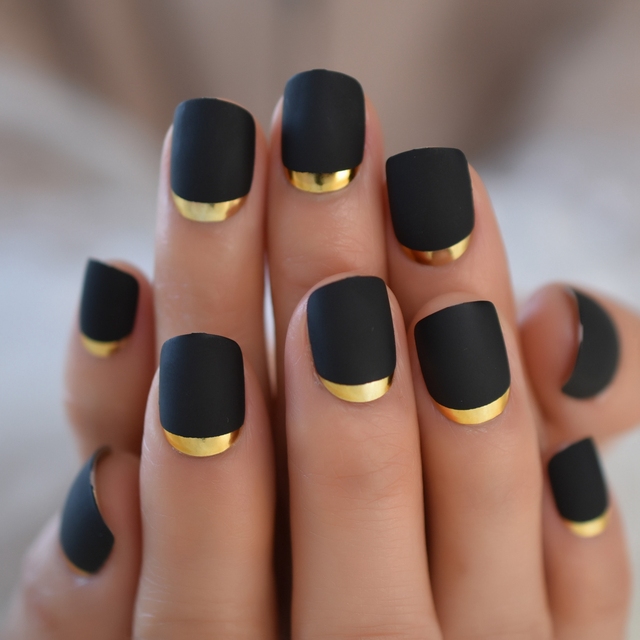 Silver Glitter Faux Ongles Short Black Nails Fake Bling Lady Artificial Acrylic Nail Tips for Fingers