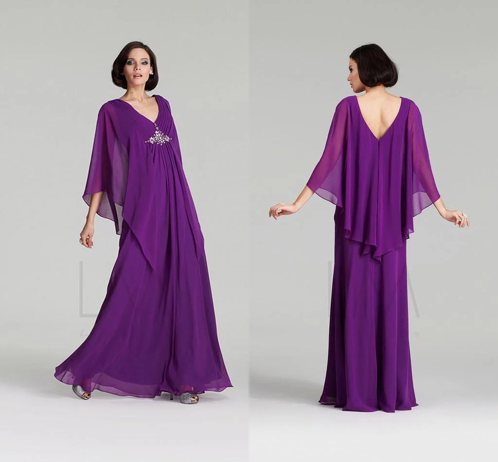 

Purple Mother of the Bride Dress Chiffon Beaded Ruffled Irregular Flare Sleeves A-Line For Women Wedding Plus Size Evening Gown