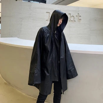 

Hooded windbreaker MEN Autumn Winter PU Leather cagoule jacket man smart casual trench Men Solid Long Sleeve Coat loose Jackets