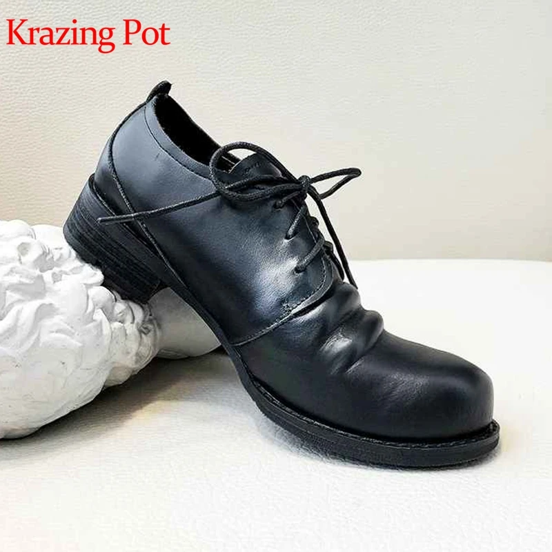 Krazing Pot/ г.; кожаные туфли с натуральным лицевым покрытием на низком каблуке с круглым носком; Брендовые женские плиссированные необычные дизайнерские осенние специальные насосы; L88