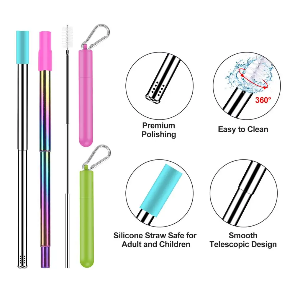 2 Pack Telescopic Reusable Straws Metal Stainless Steel with Filter Hole Telescopic Cleaning Brush, Silicone Tips