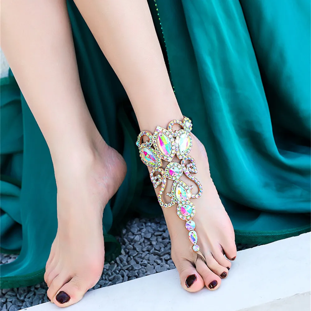 Belly Dance Foot Jewelry Barefoot Sandals Sparkling Crystal Colorful Shine Rhinestone Elegant Anklet Bracelet Nude Shoes