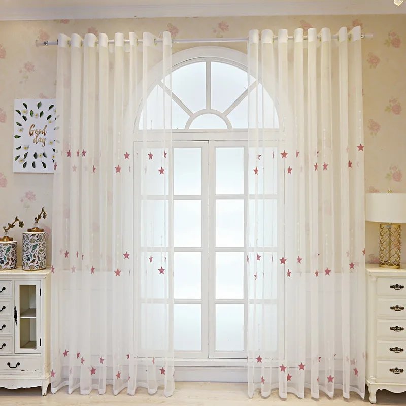 Embroidered Star Curtains for Living Room Bedroom Summer Pink Sheer Kid Boys Room Window Drapes for Party Decor Kitchen Home