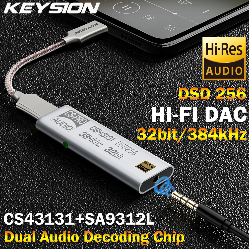 KEYSION DSD256 Hi-Fi Dual Audio Chip Decoder USB TYPE C to 3.5MM Headphone Amplifier Adapter DAC for iPhone MAC Android Window10 - ANKUX Tech Co., Ltd