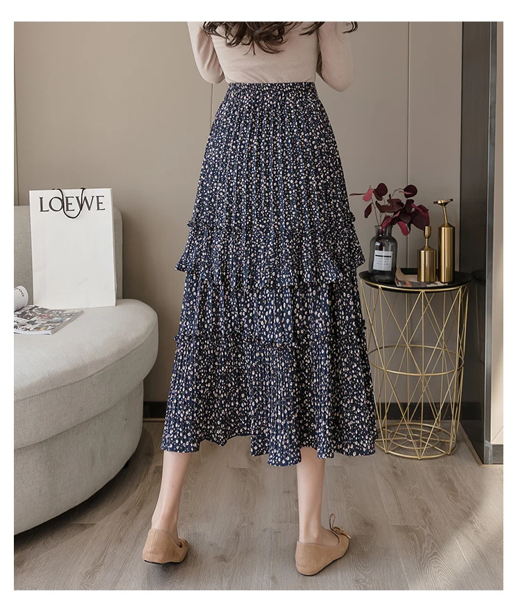 Новинка, винтажная плиссированная юбка-Русалка с высокой талией, Женская Весенняя шифоновая черная ретро юбка с цветочным рисунком, Пляжная Многослойная юбка миди для женщин