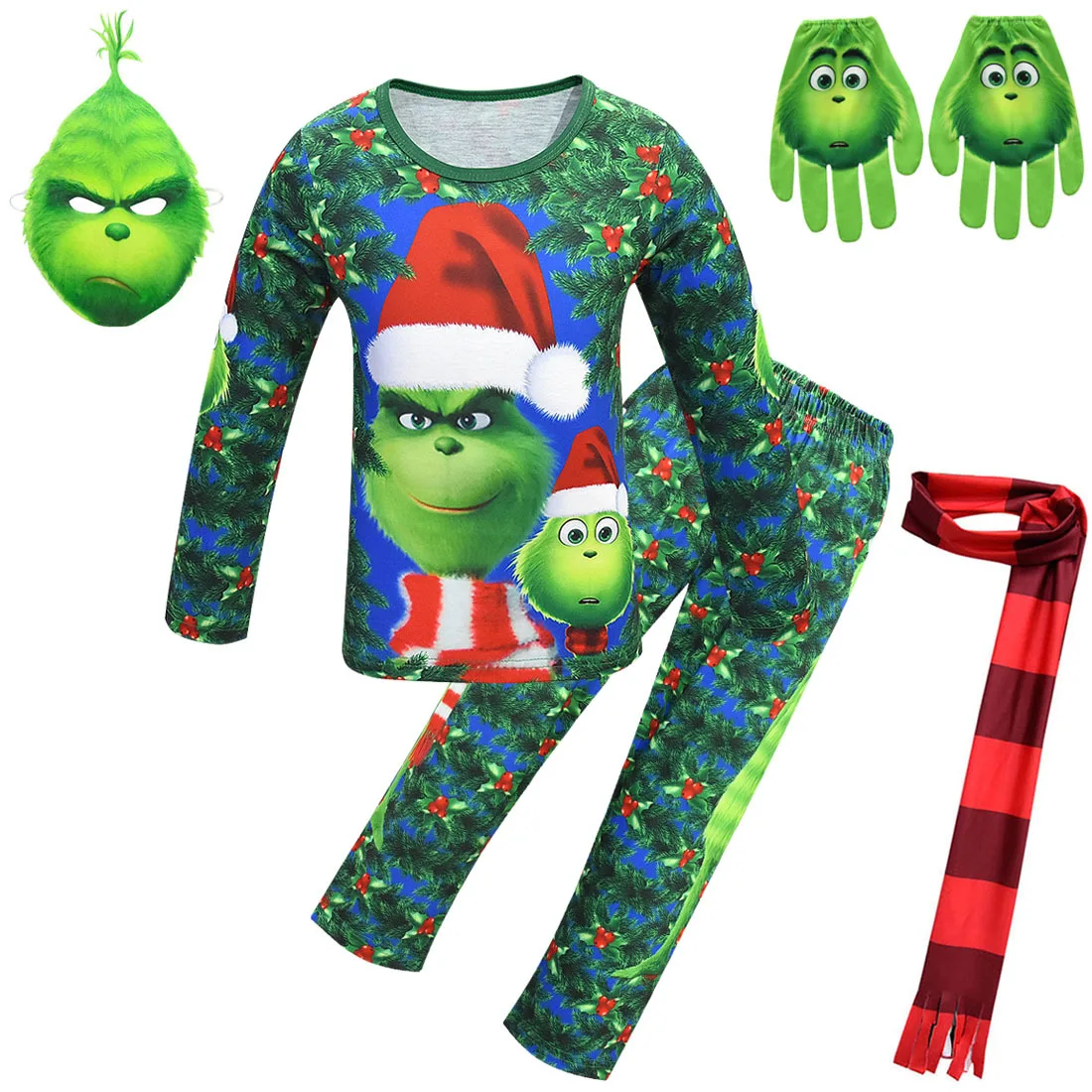 Детский карнавальный костюм Grinch, пижама с маской+ шарфом+ перчатками, домашний комплект для мальчиков, Рождественская одежда, одежда для сна для мальчиков, одежда для сна