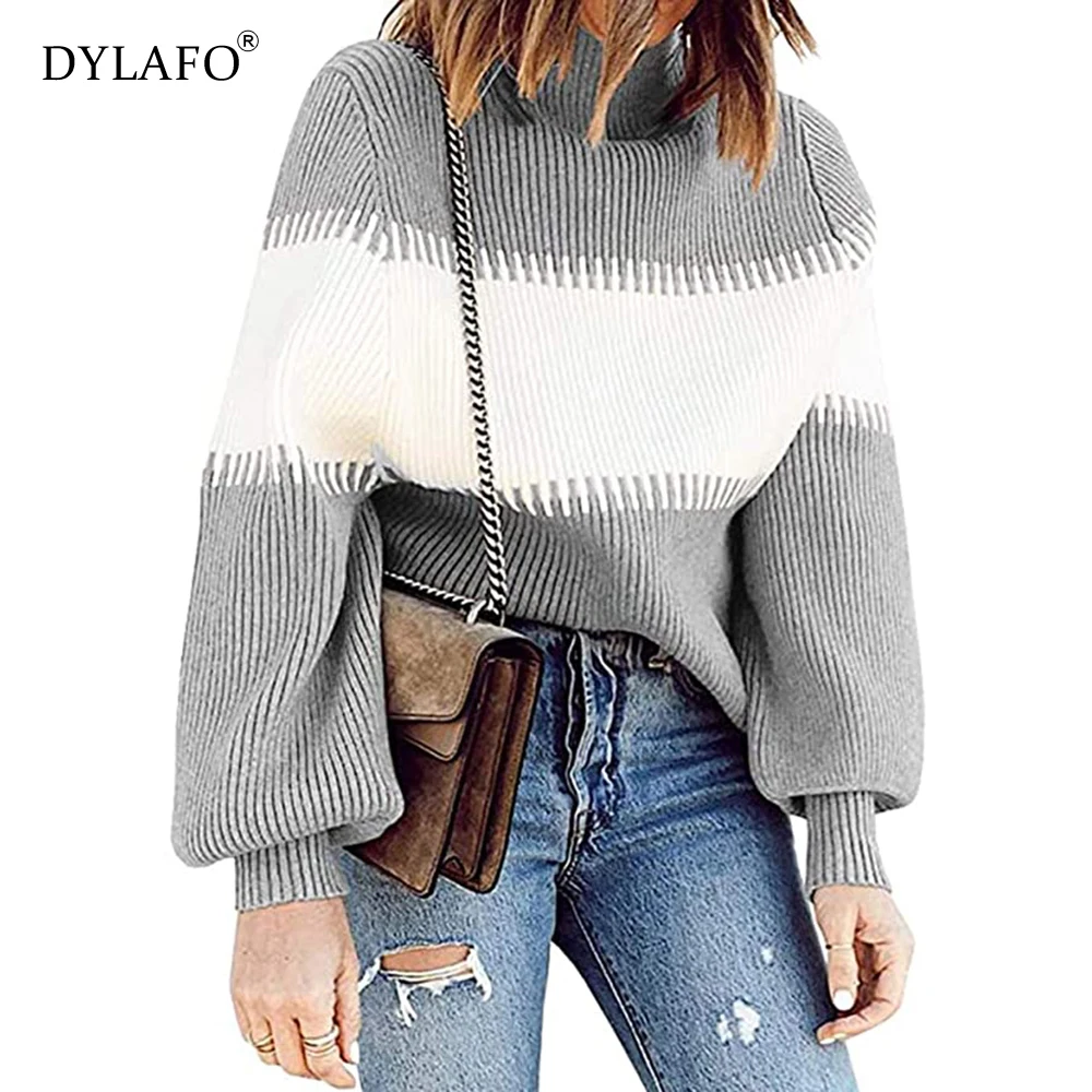 Casual Striped Patchwork Turtleneck Sweater Women