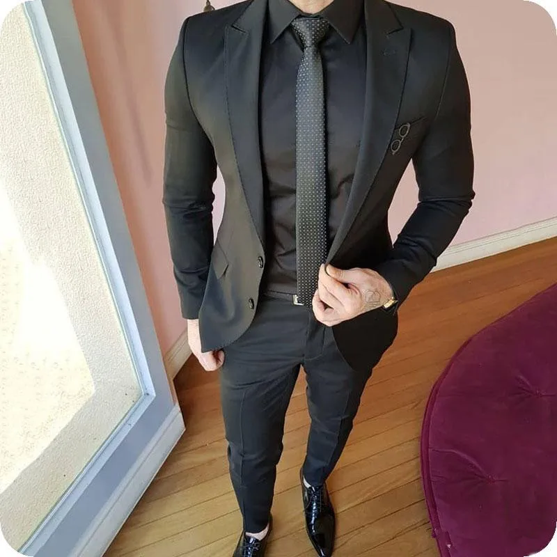 202006Latest Black Mens Tuxedo Groom Suits Men for Wedding Peaked Lapel Man Blazer Jacket Pants 2Piece Prom Party Terno Masculino Costume Homme