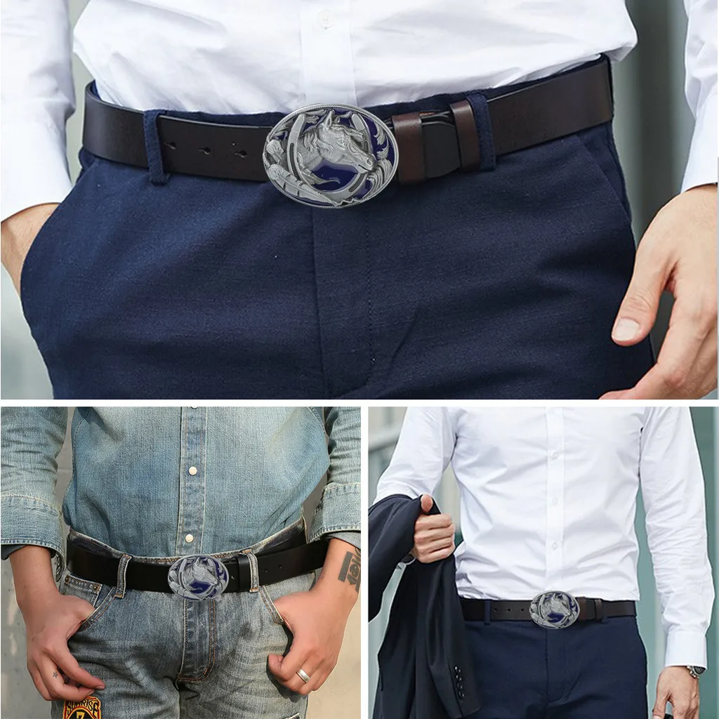 Men Western Leather Belt Gothic Punk Horse Head Belt Buckle Waistband