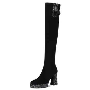 

2020 New Glitter Thigh High Boots Sheep Suede Fall Winter Platform Women Over-The-Knee Ladies Shoes Heelys Stretch Botines Mujer