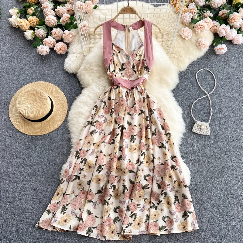 

Seaside holiday dress 2021 new summer goddess Fan Xinji folds slim mid-length print suspender skirt