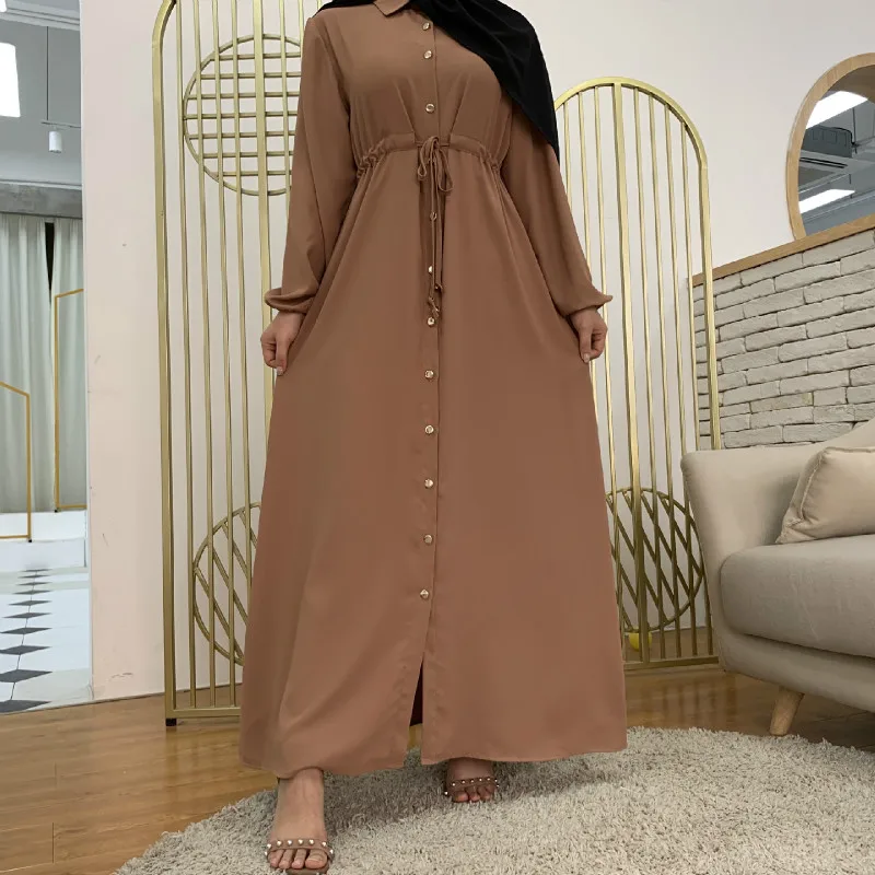 

2020 New Fashion Muslim Lapel Solid Color Full Button Slim Long Maxi Dress Abaya Dubai Islamic Clothing Abayas For Women Turkish