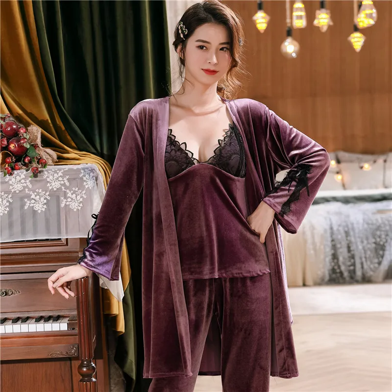 Roupão de Manga Serviço de Casa Veludo de Ouro Roupão de Banho de Renda Pijamas Femininos Novo Longa Net Vermelho Robe Venda Quente Feminino Sexy 3pcs 2 3pcs net vermelho robe venda quente serviço