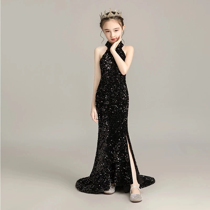 Evening Dress for Girls Kids Elegant Gowns Teen Birthday Party Dresses Sexy Multicolor Sequins Graduation Performance Tail | Детская
