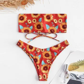 

2020 New Women Swimwear Retro Elastic High Cut Low Back Two Piece Swimwear Bathing Suit Print Beach Wear Bikini #4.27