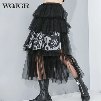 

WQJGR High Waist Skirt Women Patchwork Letter Print Elastic Waist Net Yarn Cake Skirt 2020 Spring and Autumn