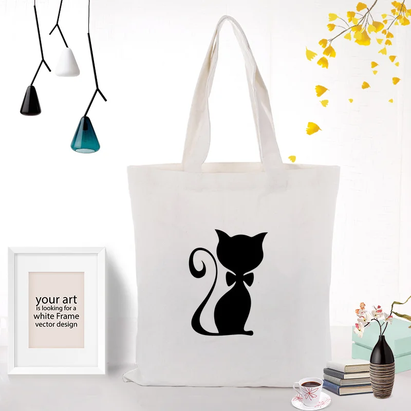 cat Canvas Tote Bag Custom Print Logo Text DIY Handbag Daily Use Eco Ecologicas Reusable Shopping Bag Recycle - Цвет: CAT027