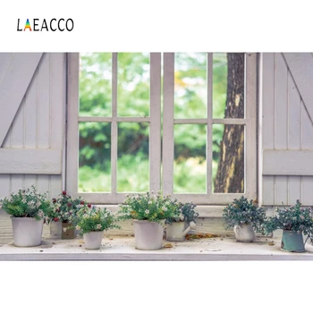 

Laeacco Wooden Wall Window Potted Plants Spring Scenic Photography Backdrops Phtographic Backgrounds Baby Portrait Photophone