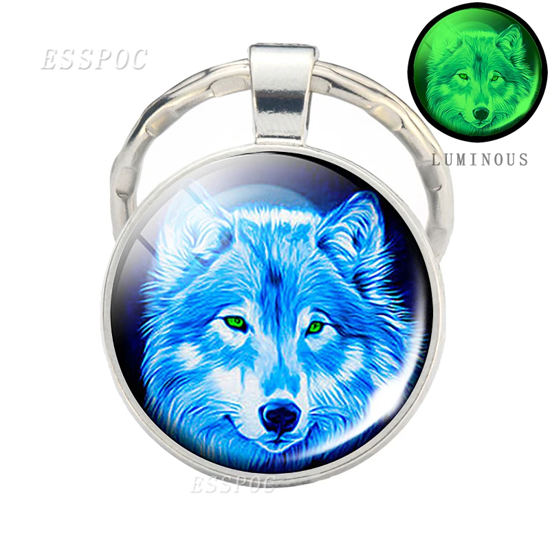 Glow in Dark Jewelry Howling Wolf Keychain Wolf Luminous Glass Cabochon Pendant Keyring Double Side Glass Ball Keychain - Цвет: as show 4