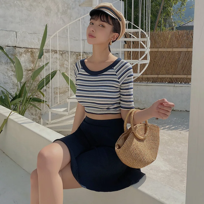 

Bathing Suit Fragrance for Women Series Short Sleeve Knit Striped Shirt Skirt Split Type Bikini Small Bust Swimwear Three-piece