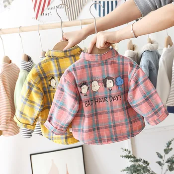 

2020 Children Long Sleeve One-Piece BOY'S Children Versatile Tops Childrenswear Fashion Cartoon plus Velvet Plaid Lapel Shirt