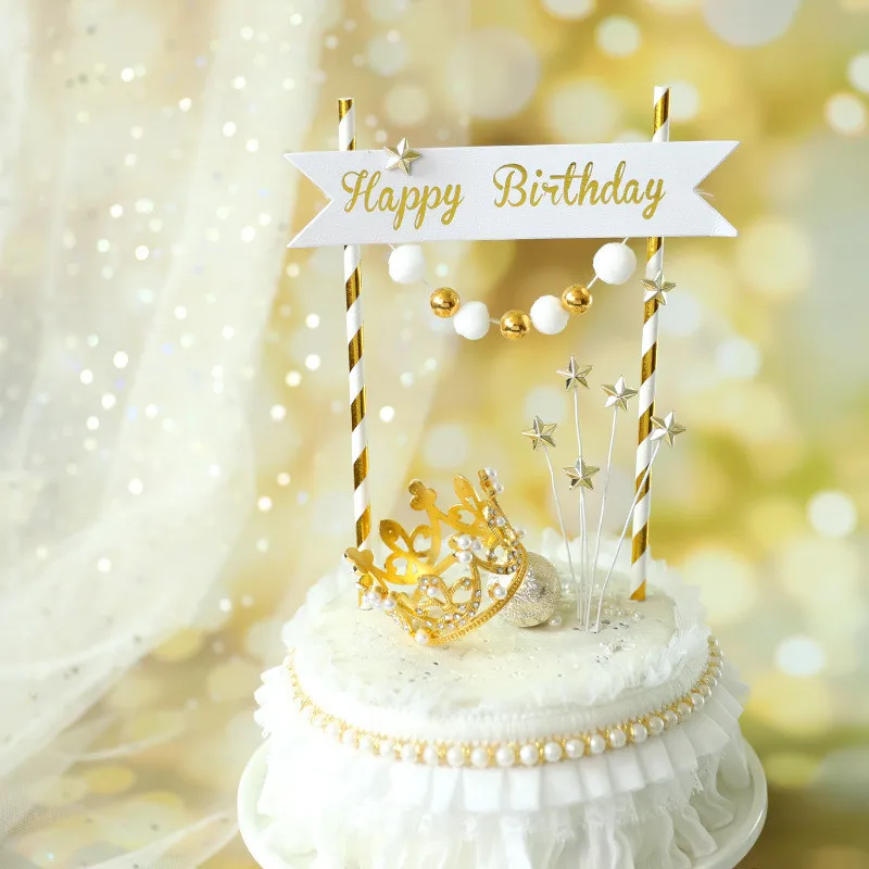 

Cakelove Royal Style Platinum Banner Flag Gold Ball Star Happy Birthday Cake Topper Love Crown Decorations Party Supplies Gifts