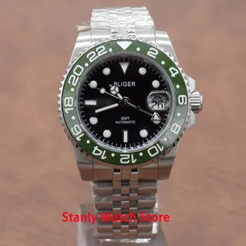 

Luxury Bliger 40mm Black Dial Luminous Marks Green Ceramic Bezel Date Magnifier GMT Function Automatic Movement Male's Watches