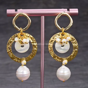

GG Jewelry Handmade Natural White Rice Pearl Coin Shell Pearl Crystal Gold Plated Circle Dangle Stud Earrings
