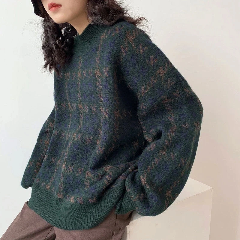 

Women Plaid Sweater Pullover Vintage Lantern Sleeve O-Neck Loose Knitting Top Female Casual Korean Fashion O-Neck Sweaters