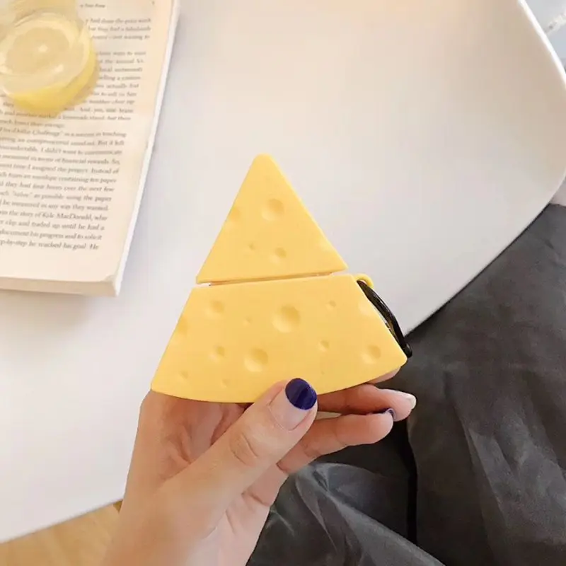 

Yellow Cheese Pattern Protective Case Shockproof Soft Silicone Cover Skin Protector with Carabiner for Airpods 1/2 Charging Box