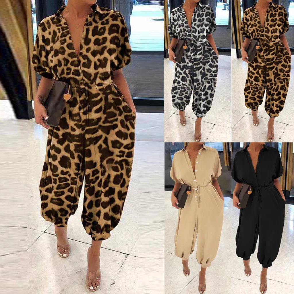 Monos con estampado de leopardo para mujer, mono ajustado con solapa y botones largos, monos de manga corta de gran tamaño, droenvío 30h
