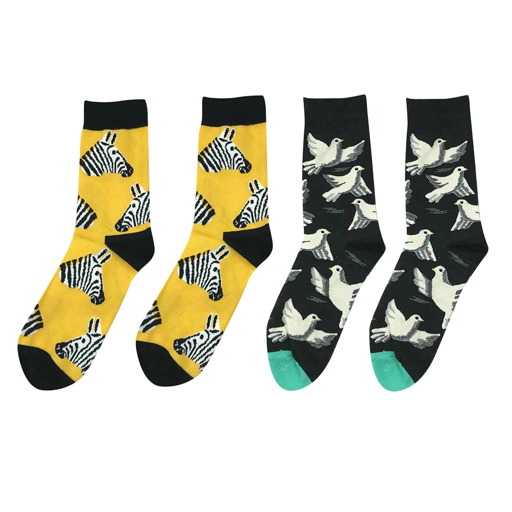 Novelty 2 Pairs Men Casual Cotton Stockings  Zebra Bird Pattern Universe Film Stockings Knight Spring Autumn winter Funny Socks 