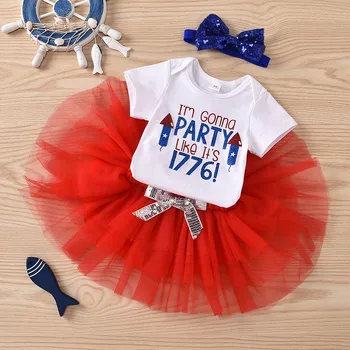 

4th Of July Newborn Baby Girl Clothes Set Letter Printed T-shirt Tops+tutu Skirt+sequins Bow-knot Headbands Outfit Baby Set 2020
