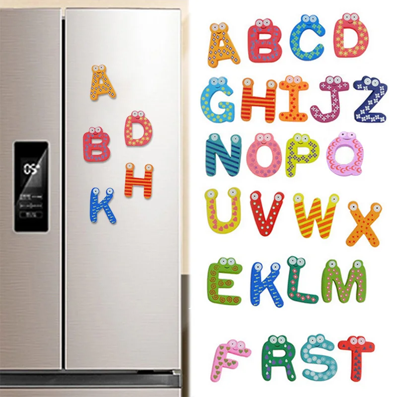 

High Quality Baby Toys 26pcs Letters Kids Wooden Alphabet Fridge Magnet Child Educational Toys Fridge Sticker