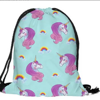 

2020 Charming Unicorn 3D Digital Print Pocket Drawstring Backpack For Students School Bag Kids Girls Bag For Travel