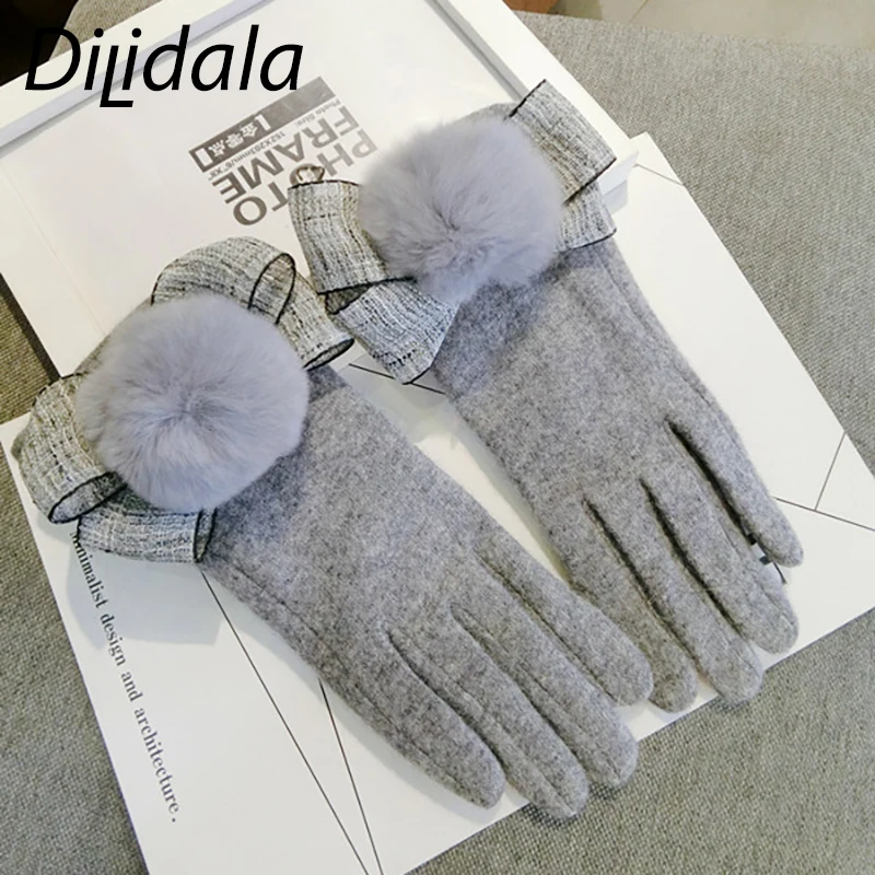 Dilidala/перчатки с бантиком; женские зимние теплые перчатки из кроличьей шерсти; кашемировые женские зимние теплые перчатки с сенсорным экраном и пятью пальцами