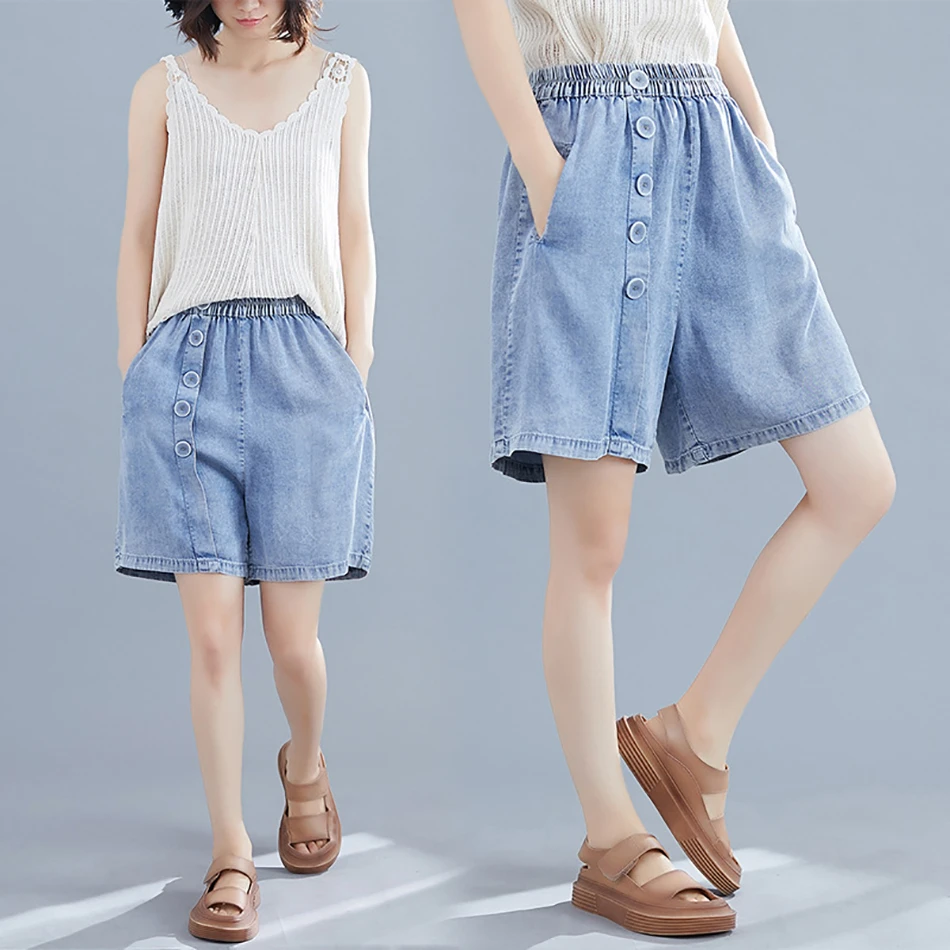 AudWhale Plus Size Denim Shorts For Women Elastic Waist Ladies Jeans Shorts Loose High Waist Summer Jeans Shorts Femme