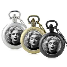 Classic Fashion Marilyn Monroe Design Glass Cabochon Quartz Pocket Watch Vintage Men Women  Pendant Necklace Chain Clock Gifts