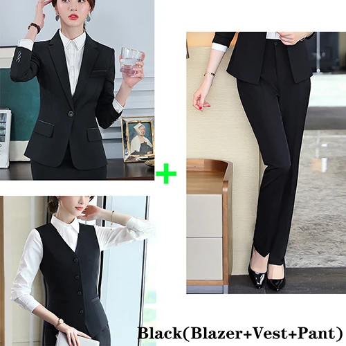 Black 3 Pieces Suit Жилет, блейзер и брюки, женские брючные костюмы, комплект из 3 предметов, офисный, деловой костюм, набор, униформа, дизайн S-5XL - Цвет: Black 3 Pieces Suit