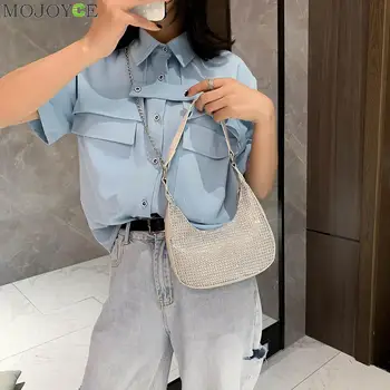 

Youth Ladies Simple Versatile Bag Elegant Rhinestone Shoulder Bag Crescent PU Splicing Women Chain Small Handbag