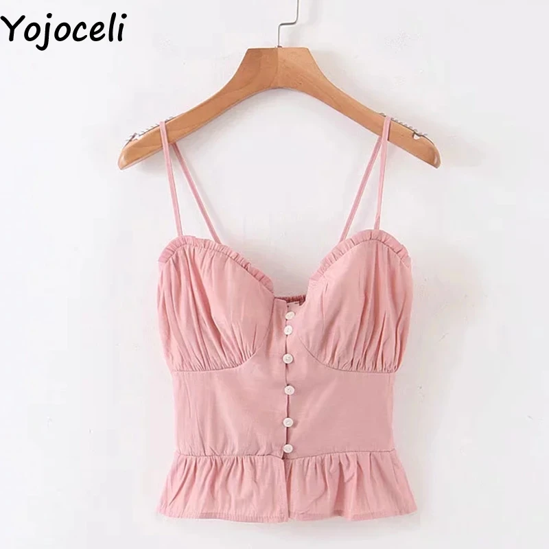 Yojoceli, сексуальные топики с оборками для фитнеса, женские топы, летние, розовые, на пуговицах, короткий топ, женский, Повседневный, пляжный, крутой Топ - Цвет: Розовый