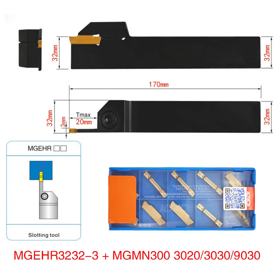

1pc MGEHR3232-3 Turning Tool Holder Boring Bar with 10pcs MGMN300-M Inserts and Wrench For Parting and Grooving Lathe Right hand