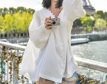 

Women Shirt 2020 Early Spring Breasted V-neck Loose Multi Button Lantern Long Sleeve Solid Color Shirt